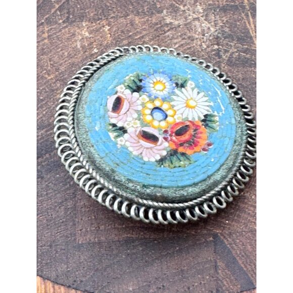 Vintage Micro Mosaic Flower Floral Pin Brooch Alpaca Italy - Picture 4 of 7